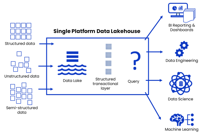 graphic describing the lakehouse with data formats on the left, with arrows pointing to the lakehouse in the middle, with arrows pointing to the various outputs on the right